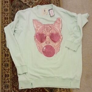 Simply Southern Mint Green Sweatshirt with Pink Cat Design